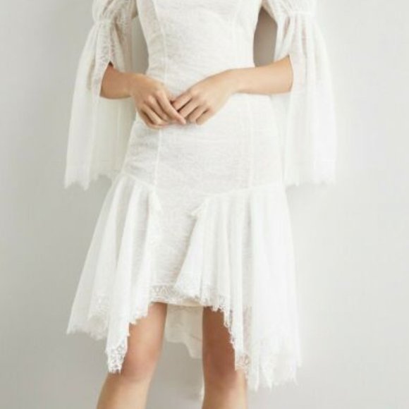 New* BCBGMAXAZRIA Lace Asymmetric Ruffle Slit Sleeve Dress Ivory Size 6 $598 - Picture 5 of 9